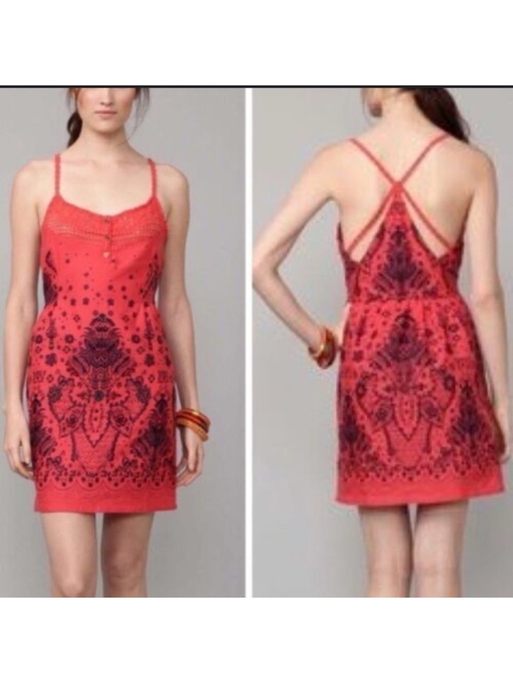 Free People Coral Red Printed Spaghetti-Strap Mini Dress